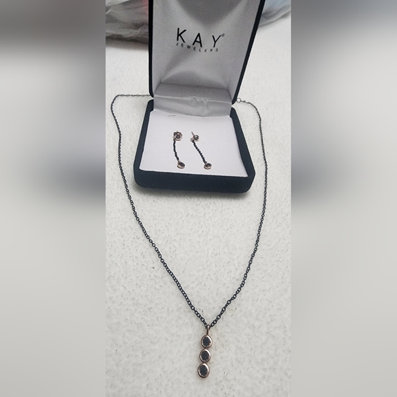 Kay, Bezel-Set Black Diamond, Rose Gold Drop Earrings & Necklace Set - Picture 1 of 8
